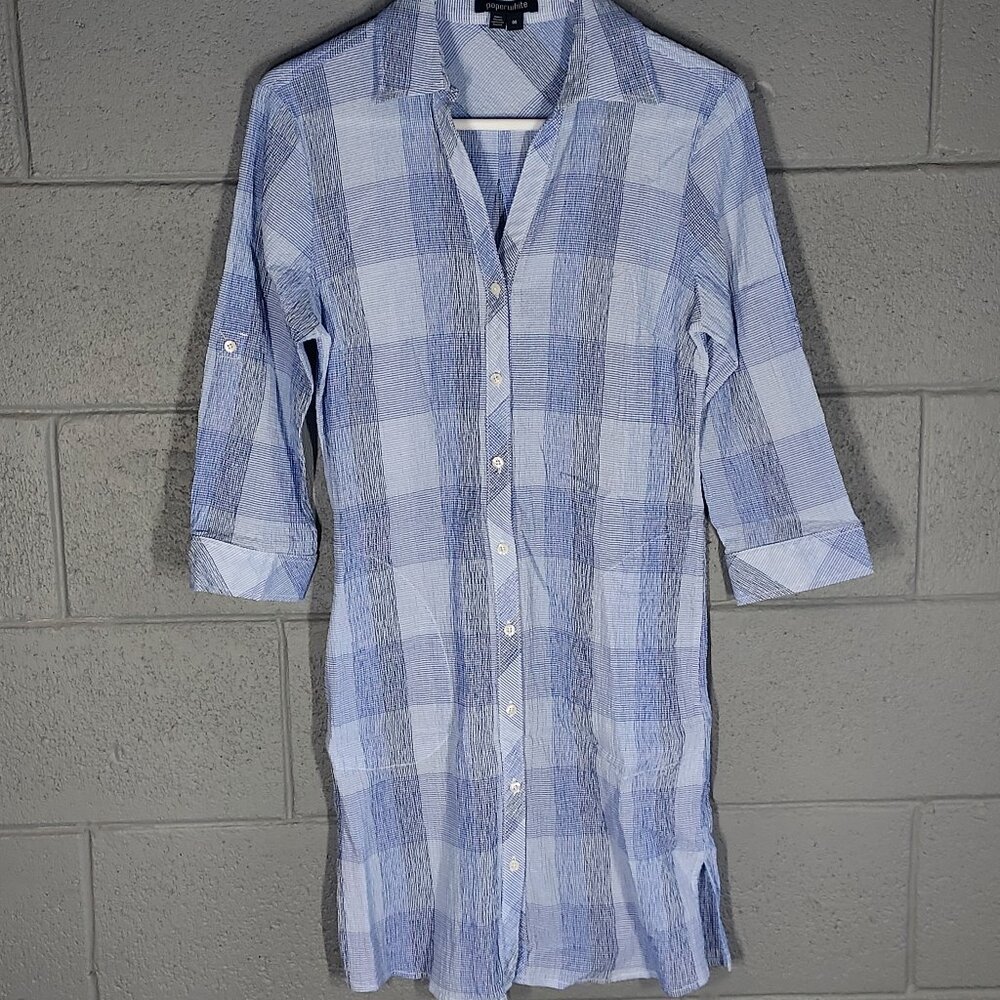 Paperwhite Plaid Blue Lightweight Button Front Shirt Dress - Size 6